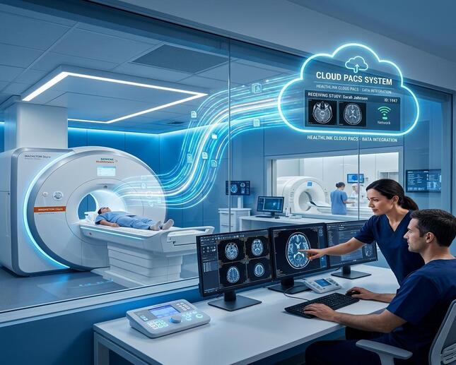 MRT-Scanner, verbunden mit einem Cloud-PACS-System in einem modernen Radiologie-Workflow – PostDICOM